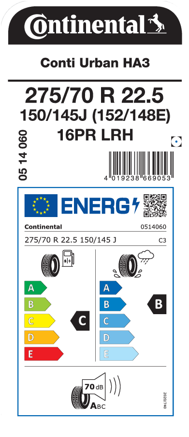 275/70R22.5 CONTINENTAL CONTI URBAN HA3 EU LRH 16PR M+S