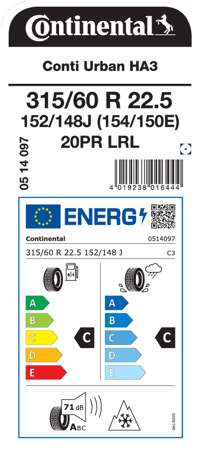315/60R22.5 CONTINENTAL CONTI URBAN HA3 EU LRH 16PR M+S