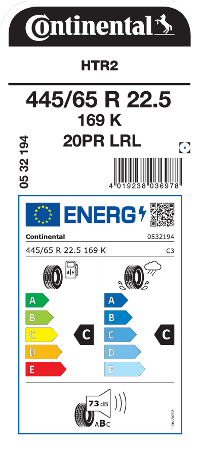 445/65R22.5 CONTINENTAL HTR2 EU LRL 20PR
