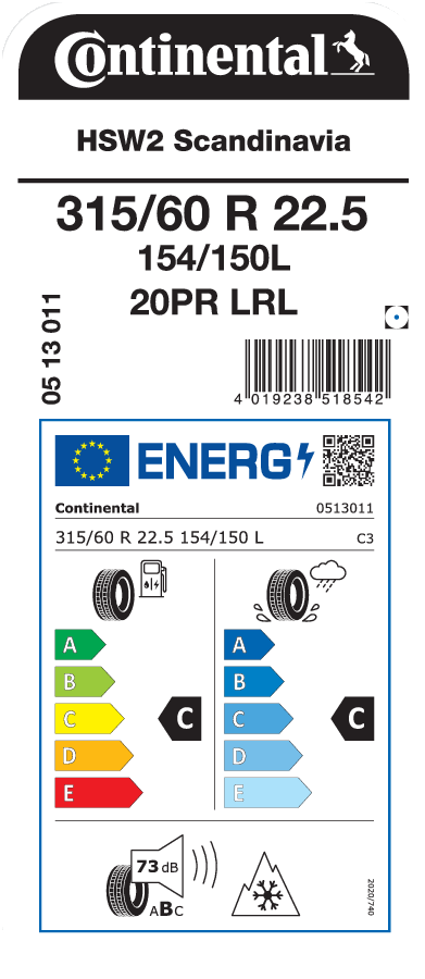 315/60R22.5 CONTINENTAL HSW2 SCANDINAVIA EU LRL 20PR M+S