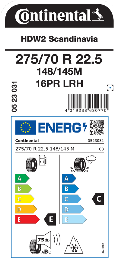 275/70R22.5 CONTINENTAL HDW2 SCANDINAVIA EU LRH 16PR M+S
