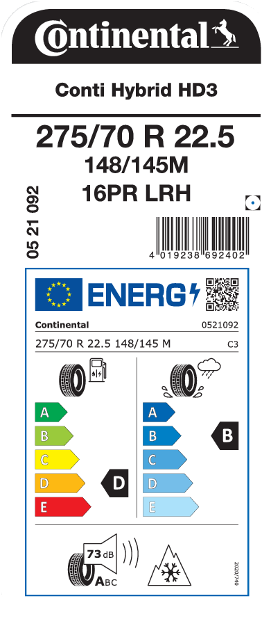 275/70R22.5 CONTINENTAL CONTI HYBRID HD3 EU LRH 16PR M+S