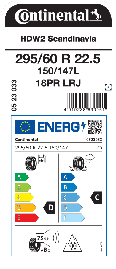 295/60R22.5 CONTINENTAL HDW2 SCANDINAVIA EU LRJ 18PR M+S
