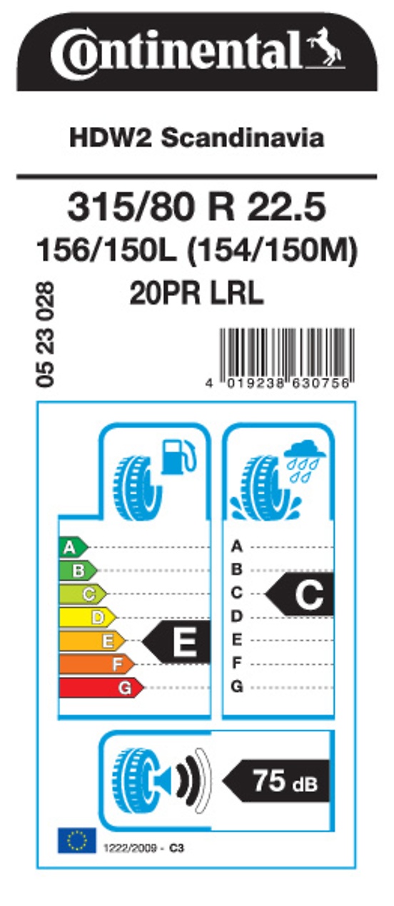 315/80R22.5 CONTINENTAL HDW2 SCANDINAVIA EU LRL 20PR M+S