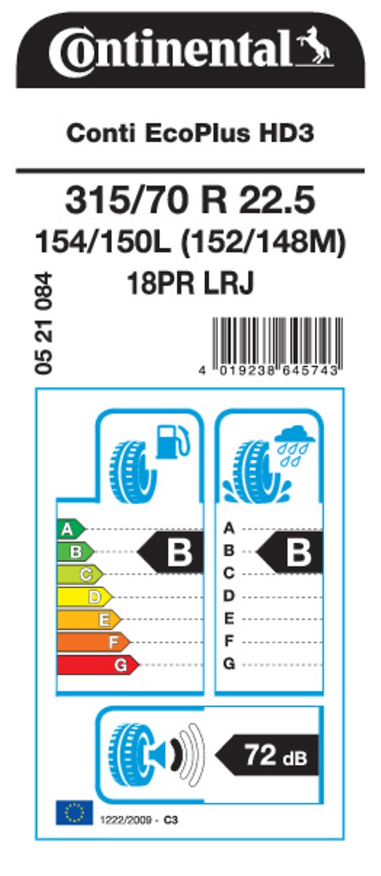315/70R22.5 CONTINENTAL CONTI ECOPLUS HD3 EU LRJ PR18 M+S