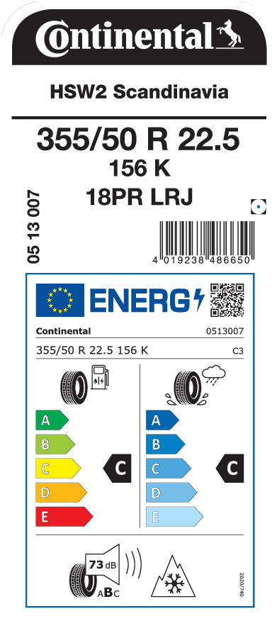 355/50R22.5 CONTINENTAL HSW2 SCANDINAVIA EU LRJ 18PR M+S