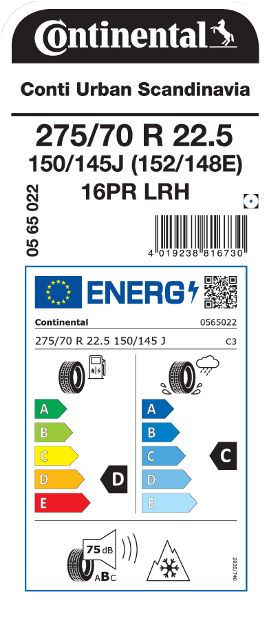 275/70R22.5 CONTINENTAL CONTI URBANSCANDINAVIA HD3 EU LRH 16PR M+S