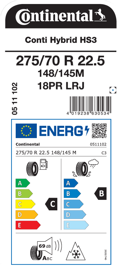 275/70R22.5 CONTINENTAL CONTI HYBRID HS3 EU LRJ 18PR M+S