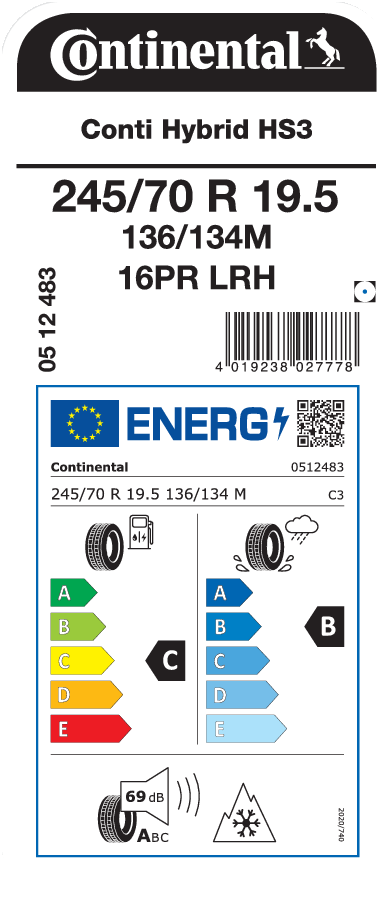 245/70R19.5 CONTINENTAL CONTI HYBRID HS3 EU LRJ 16PR M+S