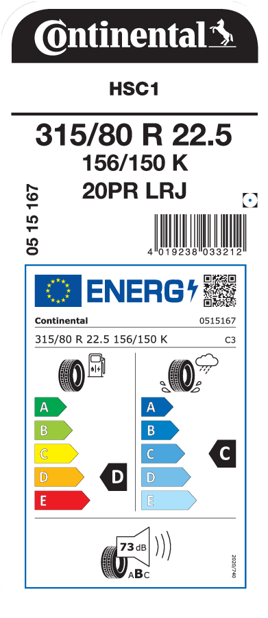 315/80R22.5 CONTINENTAL HSC1 RU LRL 20PR M+S